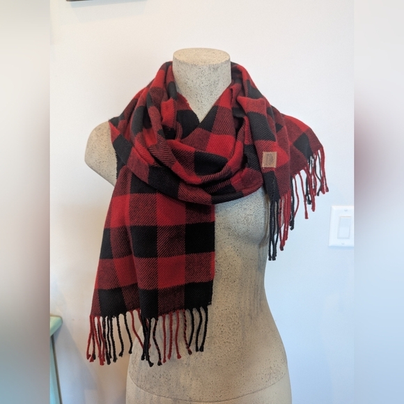 Roots Scarf red & black plaid with leather brand tag O/S gender free - Picture 3 of 12
